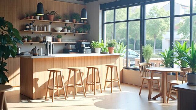 Bright and modern cafe interior featuring wooden bar, stools, and plants, with large windows allowing natural light to illuminate the inviting space
