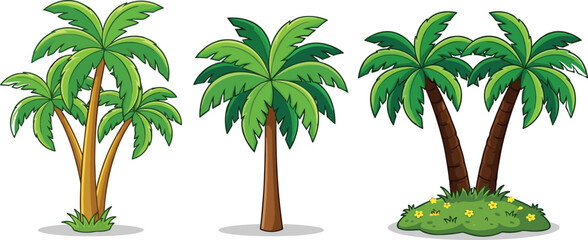 Cartoon palm trees with trunks, grass, flowers, tropical nature illustration, summer vacation design, exotic paradise background, decorative holiday art © MOSTSHAHANAJ