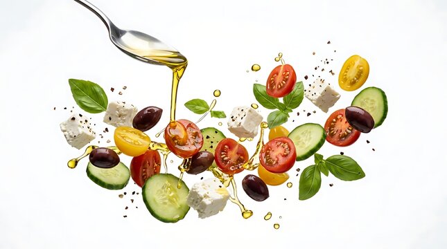 Fresh greek salad ingredients with olive oil dressing