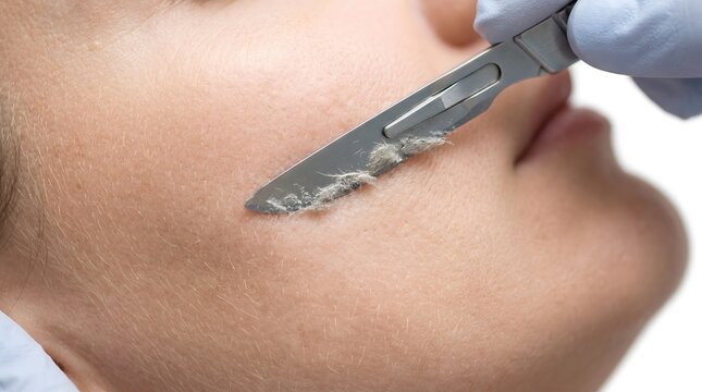 Dermaplaning treatment on facial skin with a surgical scalpel removing dead cells