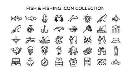 Marine fish and fishing thin line icon kit vector illustration © Sadman