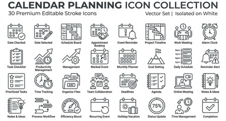 Calendar scheduler outline icon set with booking reminder and planner concepts