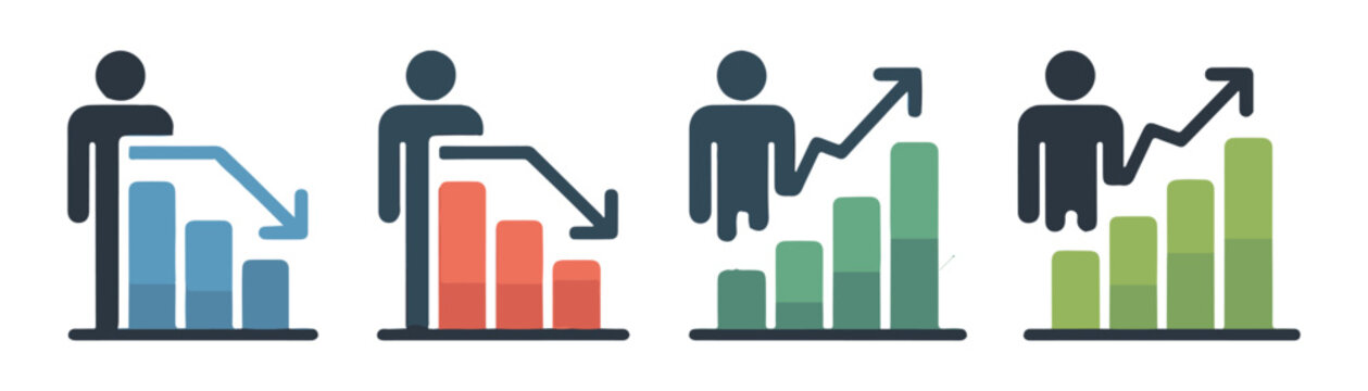 People with graph icons. human character with bar chart for growth and reduction. business graph for profit.