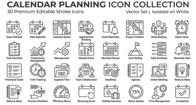 Calendar scheduler outline icon set with booking reminder and planner concepts