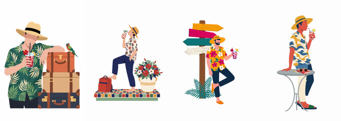 Set of diverse men characters in tropical shirts enjoying a summer vacation with drinks, luggage, and holiday symbols on a white background. © Sipul