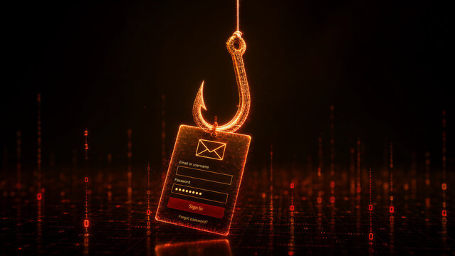 Phishing attack concept with golden fish hook stealing email login credentials on dark digital matrix background