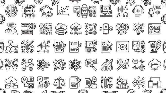 Artificial Intelligence Doodle Icon Seamless Pattern with Editable Stroke