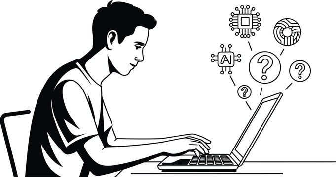Black and white illustration, man on computer, thinking, problem solving, coding, programming, icons