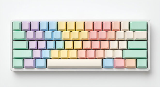 Top view of a pastel colored mechanical keyboard with blank keycaps isolated on a white background