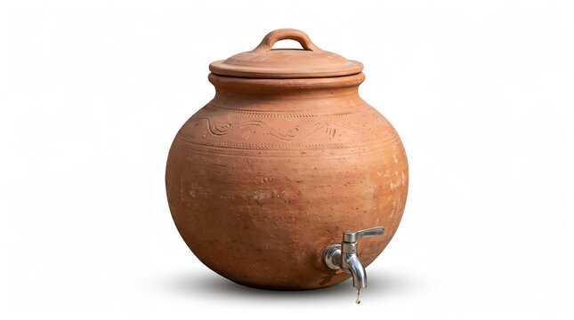 Traditional earthen terracotta water pot with lid and metal tap isolated on a white background