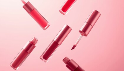 Obraz premium floating liquid glass bottles on soft pink background