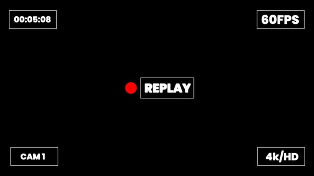 video camera replay screen overlay preview with timer on a transparent background, Video replaying template with REPLAY icon for video cameras, 4k camcorder interface,recording camera screen interfac