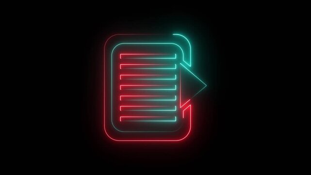 Glowing red and cyan neon document icon with red arrow on dark background
