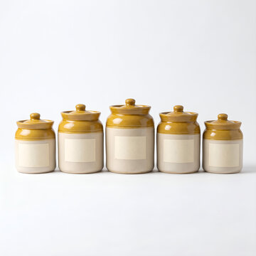 Set of traditional Indian ceramic pickle jars with blank labels isolated on a white background