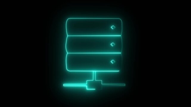 Neon cyan glowing server rack database stack icon animation on black background