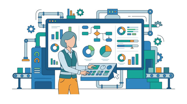 Flat faceless illustration of a female engineer operating a control panel with a digital dashboard showing analytics charts and manufacturing data in a smart factory setting.