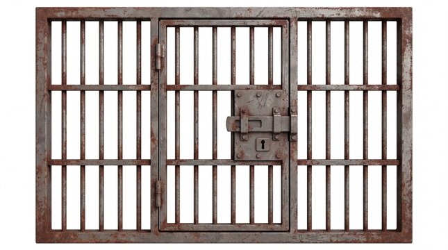 Rusty metal prison cell bars featuring a heavy locking mechanism isolated on white background
