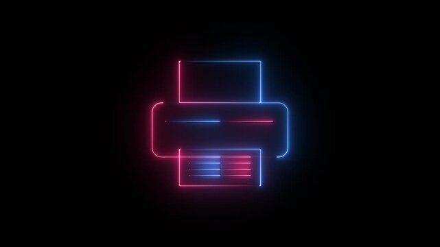 Glowing red and blue neon printer icon with paper on dark background