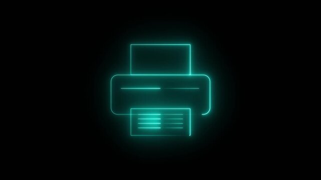 Glowing cyan neon printer icon with paper on dark background