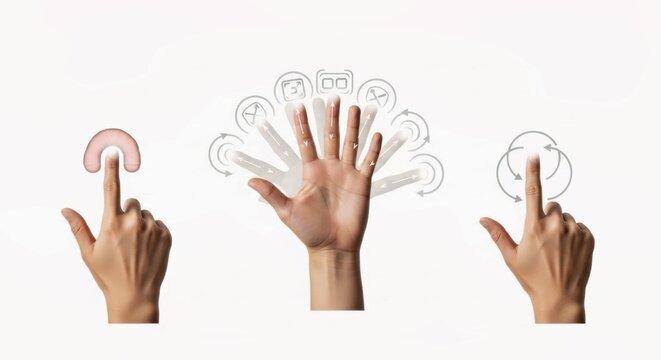 Hand Gestures With Directional Arrows and Icons on Transparent Background