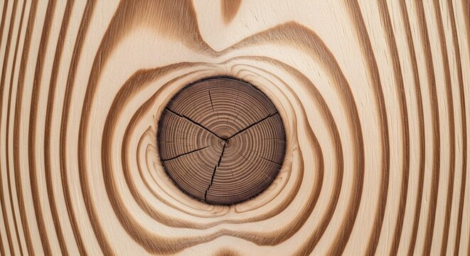 Close-up wood grain texture with knot, natural pine wood pattern, organic lines and circles, rustic background for design