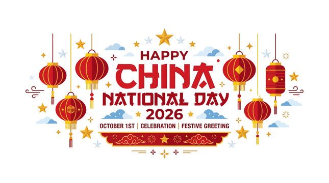 Celebrate China National Day 2026 with Traditional Red Lanterns and Golden Stars Illustration for Festive October 1st Holiday Greetings