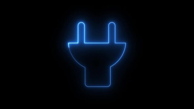 Neon blue glowing power plug electricity icon animation on black background
