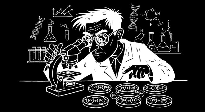 Cartoon scientist examining petri dishes under microscope carefully.