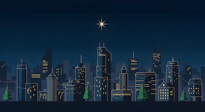 Pixel art Christmas city skyline with glowing holiday star and luminous night lights on digital background