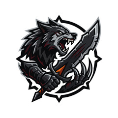 Obraz premium fierce wolf holding sword esports mascot logo vector template