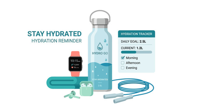 Hydration tracking and fitness accessories for a healthy lifestyle, promoting water intake and physical activity