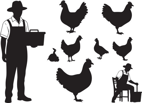 Black silhouettes of farmer and chickens on white background