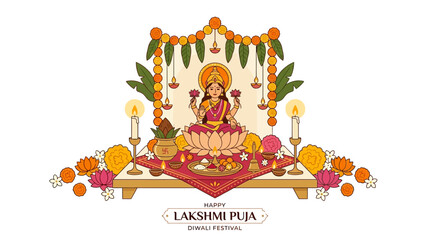 Fototapeta premium Illustration of Goddess Lakshmi sitting on a lotus flower for Happy Lakshmi Puja and Diwali festival celebration