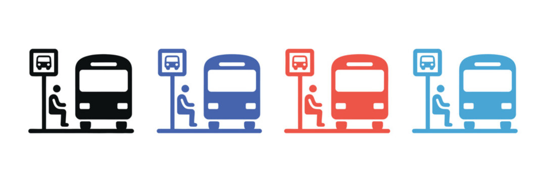 Flat Bus Stop Icons Featuring Person Waiting and a Bus in Various Colors Showing Transit Services and Passenger Travel