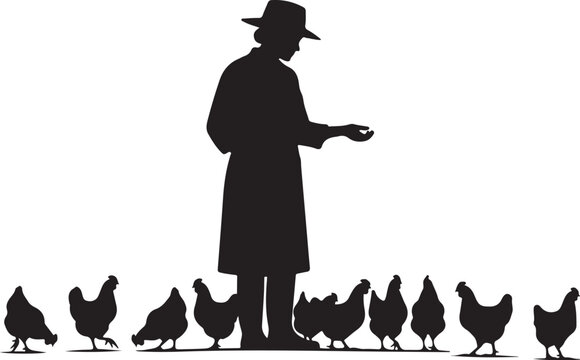 Man feeding chickens in silhouette black