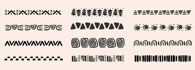 Obraz premium Tribal African folk border, decorative ethnic motif hand drawn doodle set. Tribal geometric design. Aztec art dividers, trendy boho separators.