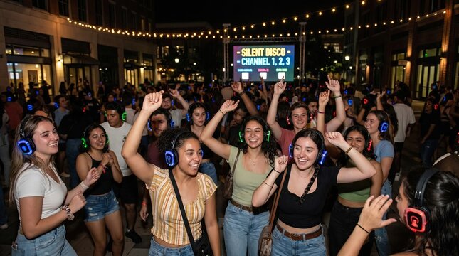 emotion happiness expression concept. Young people wearing headphones dancing at an outdoor silent disco party at night.