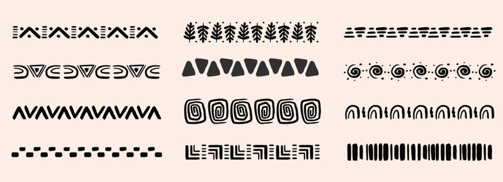 Tribal African folk border, decorative ethnic motif hand drawn doodle set. Tribal geometric design. Aztec art dividers, trendy boho separators.