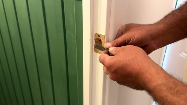 Men's hands repairing a door, door lock Apartment renovation, worker fixing white door, handyman at home, call a professional for repairs. High quality