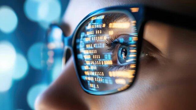 Woman wearing glasses reflecting computer code. Female programmer analyzing software, cyber security concept for website development, technology solution and digital business.