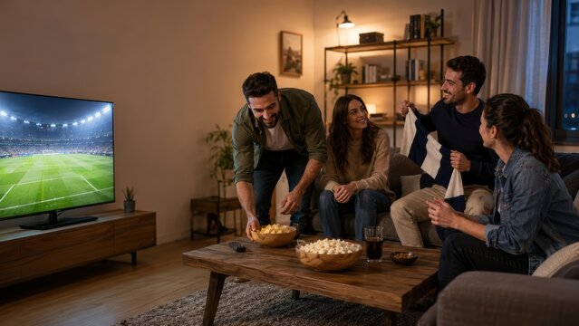 Friends settling in before soccer match at home