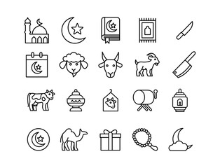 Fototapeta premium Minimal Islamic outline icon set for Eid al-Adha featuring mosque, Quran, crescent moon, prayer mat, sheep, goat, camel, lantern, tasbih, bedug, and qurban elements.