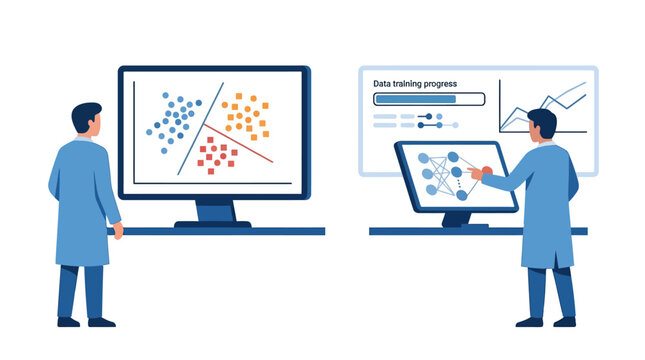 Flat vector illustration of data scientists monitoring machine learning training. One analyst views a scatter plot on a large monitor, the other interacts with a neural network diagram.