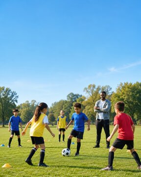 Volunteer coach watching children practice soccer