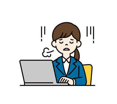 就職活動に疲れてパソコンの前でため息をつく、リクルートスーツを着た女性のベクターイラスト素材