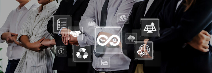A professional business team stands together in a modern office, surrounded by technology icons symbolizing collaboration, partnership, and sustainable innovation. Trope © InfiniteFlow