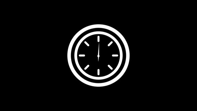 Minimalist white analog clock animation with fast spinning hands isolated on black background.