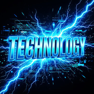 Glowing blue T E C H N O L O G Y word with electric lightning and digital code technology
