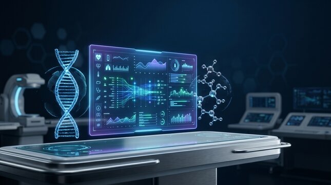 Advanced medical artificial intelligence system displaying holographic DNA sequencing, molecular models, and diagnostic data charts in a modern clinical room.