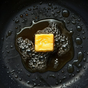Piece of butter in shape of parallelepiped began to melt in hot frying pan with dark non-stick surface. Foam bubbles. Minimalist food art, geometric shape, melting process, clear composition top view